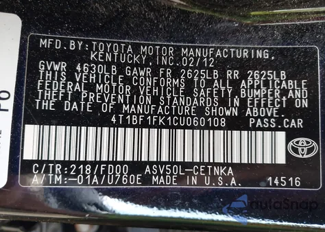 2012 Toyota Camry Le из США, поврежденный, VIN 4T1BF1FK1CU060108